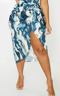 Plus Cream Marble Print Ruched Side Midi Skirt