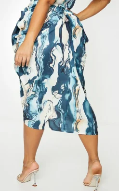 Plus Cream Marble Print Ruched Side Midi Skirt