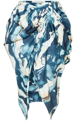 Plus Cream Marble Print Ruched Side Midi Skirt