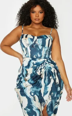 Plus Cream Marble Print Structured Corset Top