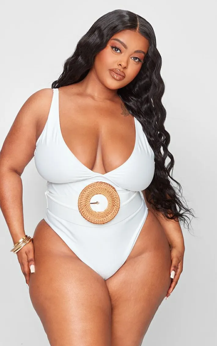 Plus Cream Plunge Rattan Belted High Leg Swimsuit