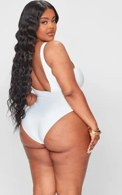 Plus Cream Plunge Rattan Belted High Leg Swimsuit