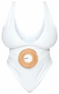 Plus Cream Plunge Rattan Belted High Leg Swimsuit