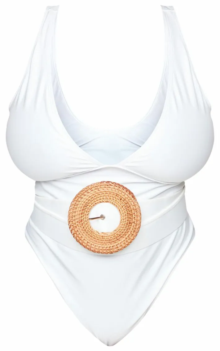 Plus Cream Plunge Rattan Belted High Leg Swimsuit