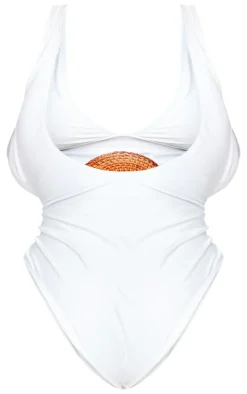 Plus Cream Plunge Rattan Belted High Leg Swimsuit