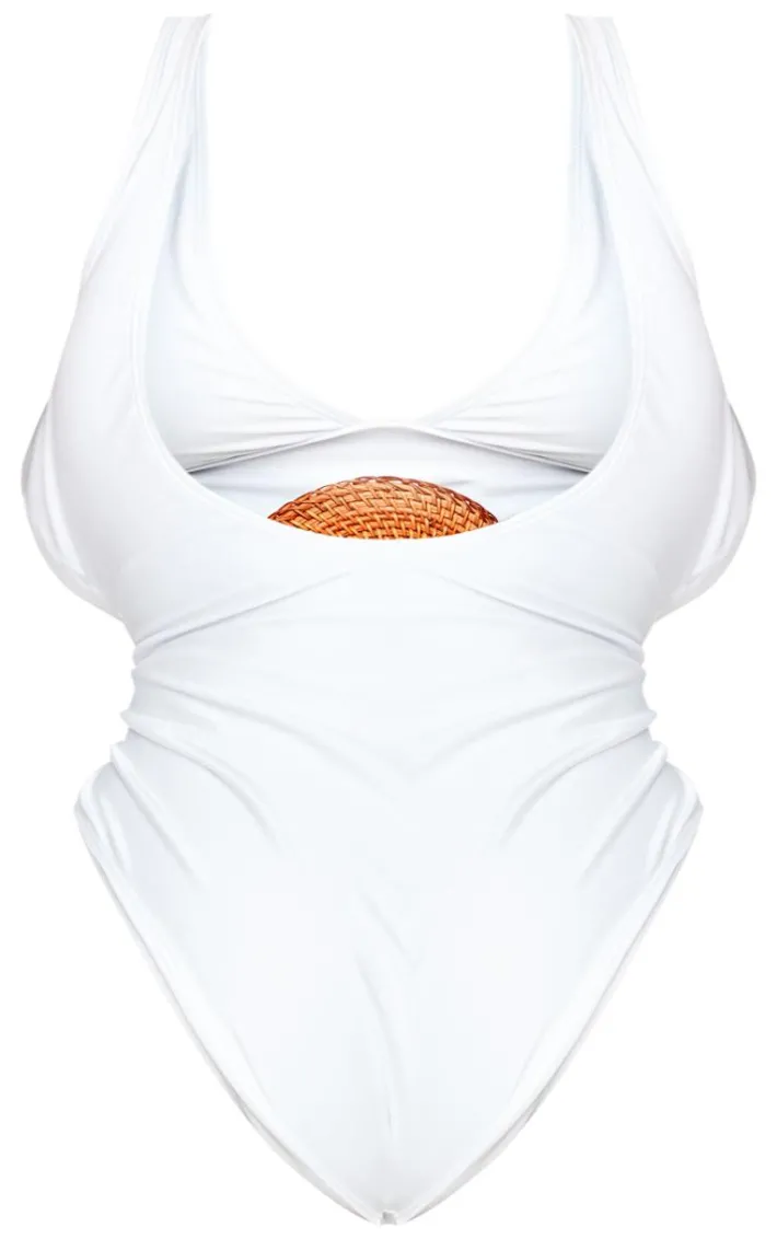 Plus Cream Plunge Rattan Belted High Leg Swimsuit