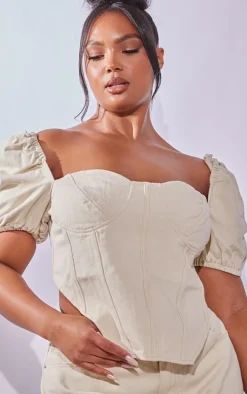 Plus Cream Puff Sleeve Denim Corset Top
