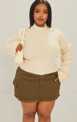 Plus Cream Rib Knit Open Back Cropped Sweater