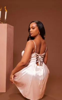 Plus Cream Satin Contrast Lace Cup Detail Shift Dress