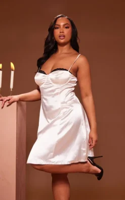 Plus Cream Satin Contrast Lace Cup Detail Shift Dress