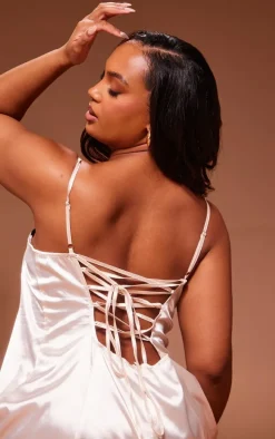 Plus Cream Satin Contrast Lace Cup Detail Shift Dress