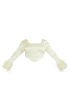 Plus Cream Satin Feather Trim Corset Top