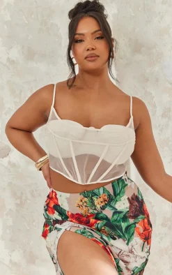 Plus Cream Satin Sheer Panel Corset