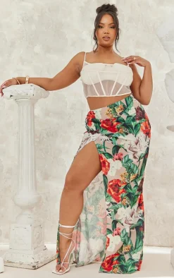 Plus Cream Satin Sheer Panel Corset