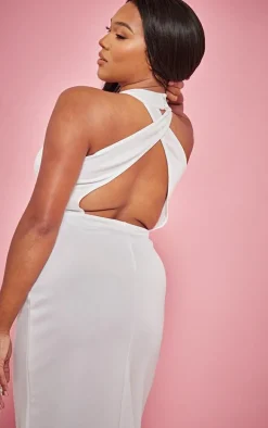 Plus Cream Scuba High Neck Cross Back Maxi Dress