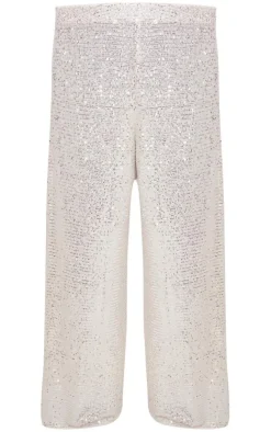 Plus Cream Sequin High Waist Wide Leg Pants