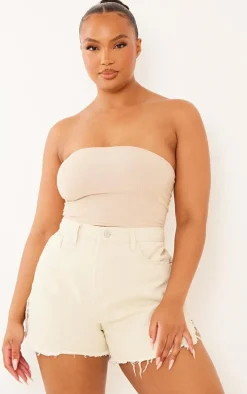 Plus Cream Side Split Denim Shorts