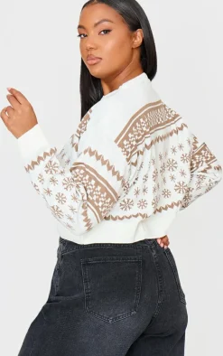 Plus Cream Snowflake Fairisle Cropped Christmas Sweater