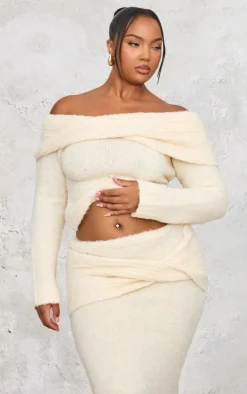 Plus Cream Soft Bobble Knit Bardot Foldover Top