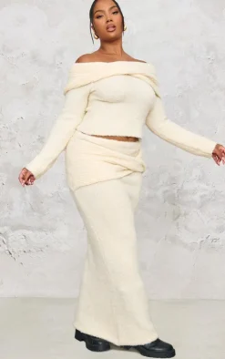 Plus Cream Soft Bobble Knit Bardot Foldover Top