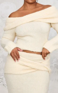 Plus Cream Soft Bobble Knit Bardot Foldover Top