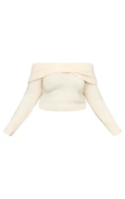 Plus Cream Soft Bobble Knit Bardot Foldover Top