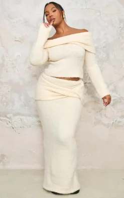 Plus Cream Soft Bobble Knit Foldover Maxi Skirt
