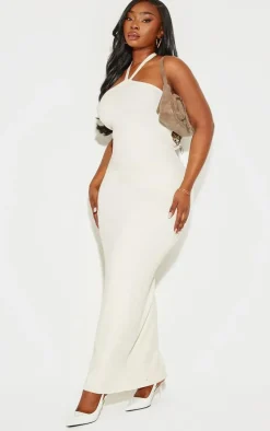 Plus Cream Soft Knit Halter Tie Maxi Dress