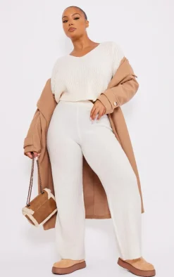 Plus Cream Soft Knit Wide Leg Pants