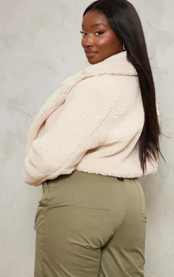 Plus Cream Teddy Fur Button Cropped Coat