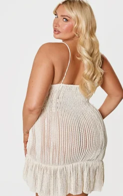 Plus Cream Textured Frill Hem Cut Out Mini Dress