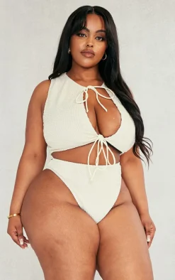 Plus Cream Textured High Leg Bikini Bottoms