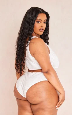 Plus Cream Textured One Shoulder Bikini Top