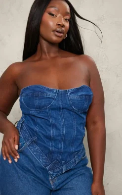 Plus Dark Blue Waistband Hem Bandeau Denim Corset