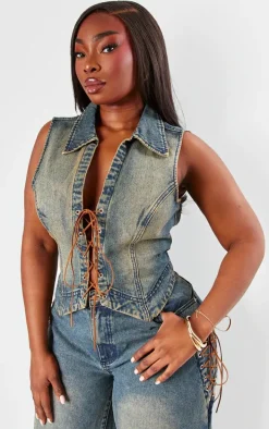 Plus Dark Blue Wash Lace Up Front Denim Top