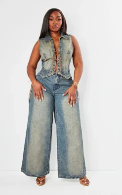 Plus Dark Blue Wash Lace Up Front Denim Top