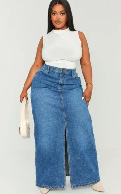 Plus Dark Blue Wash Split Front Denim Maxi Skirt