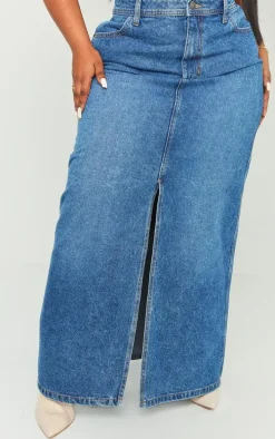 Plus Dark Blue Wash Split Front Denim Maxi Skirt
