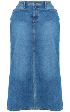 Plus Dark Blue Wash Split Front Denim Maxi Skirt