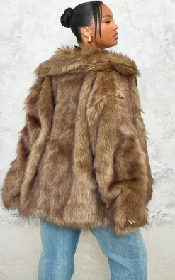 Plus Dark Brown Faux Fur Oversized Coat