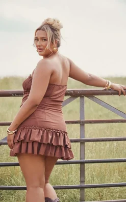 Plus Dark Brown Linen Look Corset Ruffle Detail Micro Mini Bodycon Dress