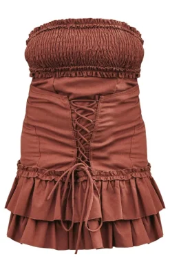 Plus Dark Brown Linen Look Corset Ruffle Detail Micro Mini Bodycon Dress