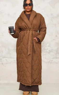 Plus Dark Brown Maxi Belted Quilted Coat