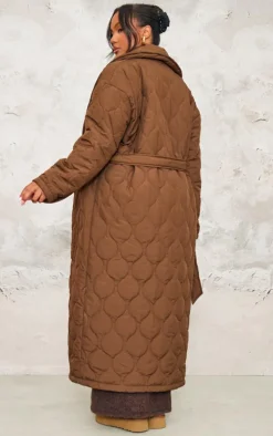 Plus Dark Brown Maxi Belted Quilted Coat