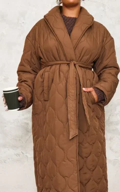 Plus Dark Brown Maxi Belted Quilted Coat