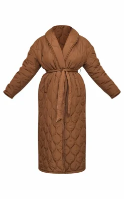 Plus Dark Brown Maxi Belted Quilted Coat