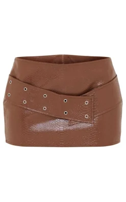 Plus Dark Brown Textured Pu Belted Micro Mini Skirt