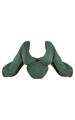 Plus Dark Green Ring Boning Long Sleeve Bardot Top