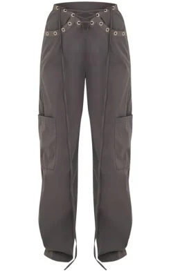 Plus Dark Grey Lace Up Detail Straight Leg Cargo Pants