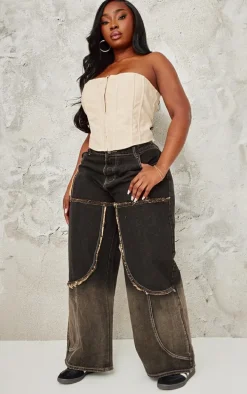 Plus Dark Grey Ombre Effect Contrast Stitch Frayed Seam Wide Leg Jeans